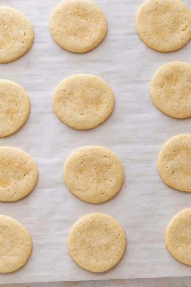 overhead view of basic butter cookies on a baking sheet