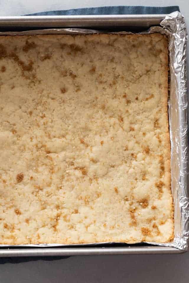overhead view of crust in a baking pan