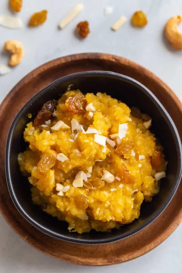 overhead close up of pumpkin coconut halwa