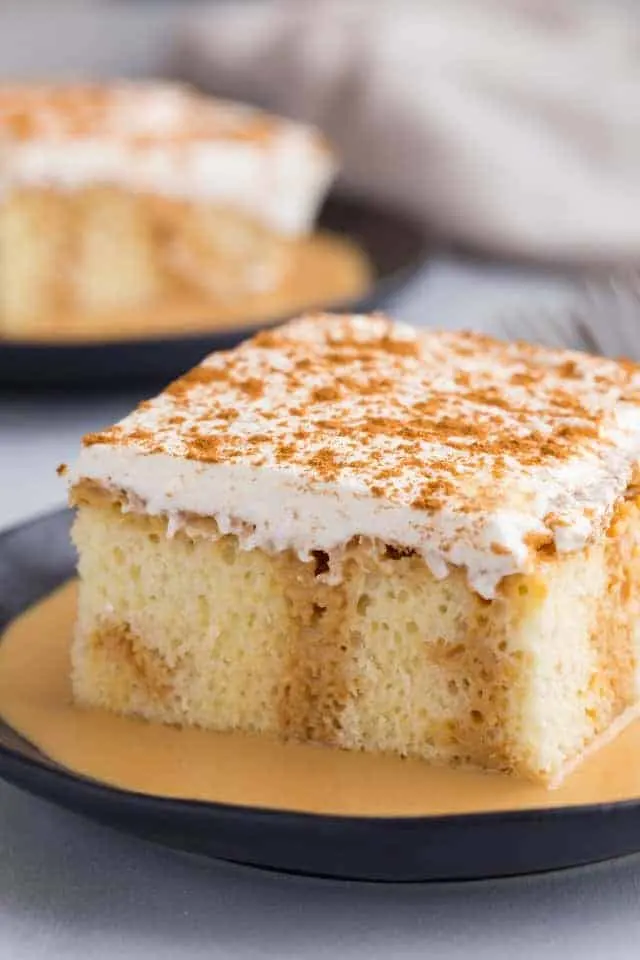 close up side view of tres leches cake on a dark blue plate