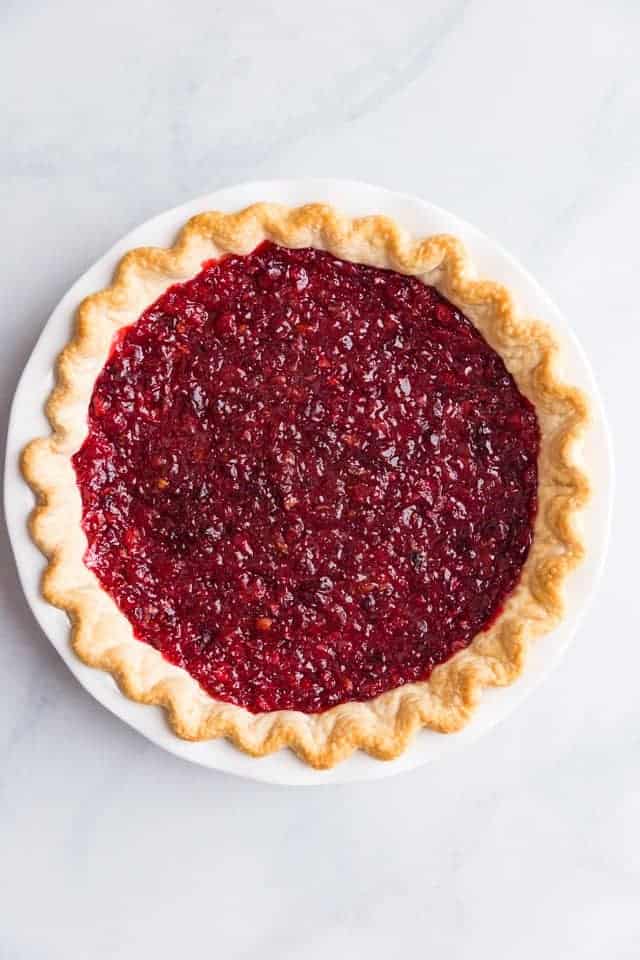 overhead view of fresh baked cranberry pie