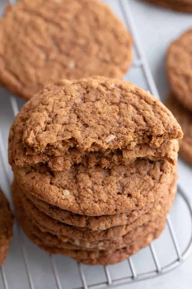 high angled view of coconut cookies on a wire rack