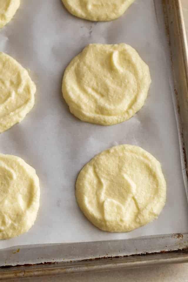 batter for low carb cloud bread on baking sheet with parchment paper