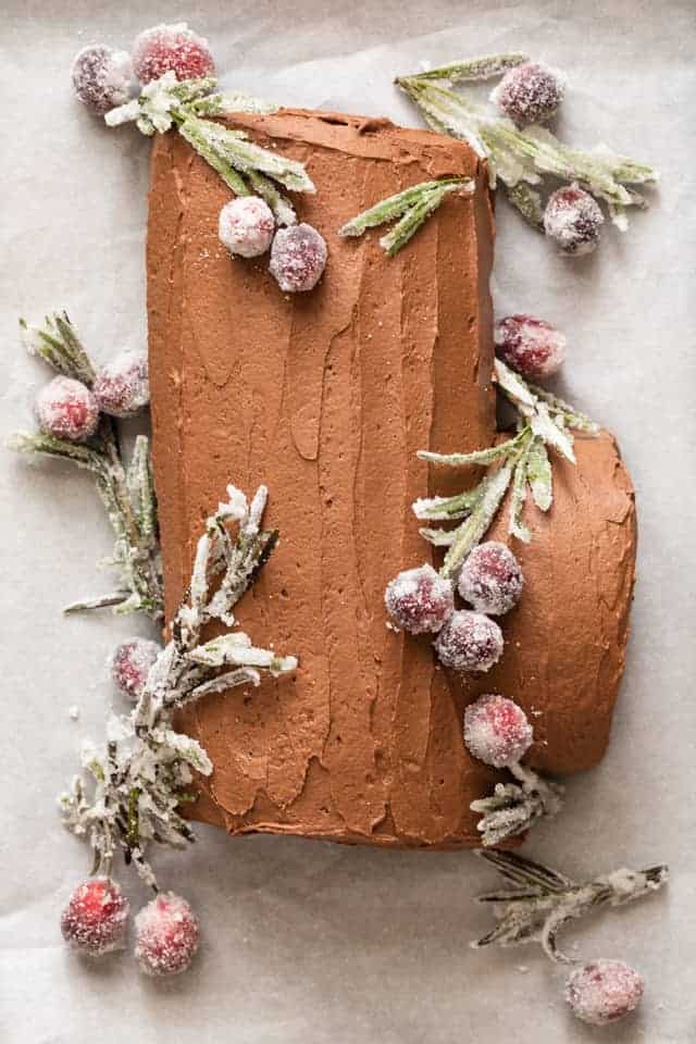 overhead of Yule Log Cake decorated with sugared rosemary and cranberries