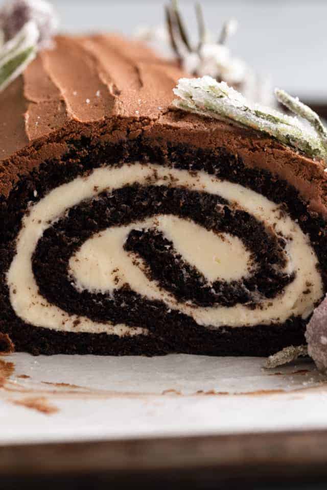 side view of Yule Log Cake sliced open