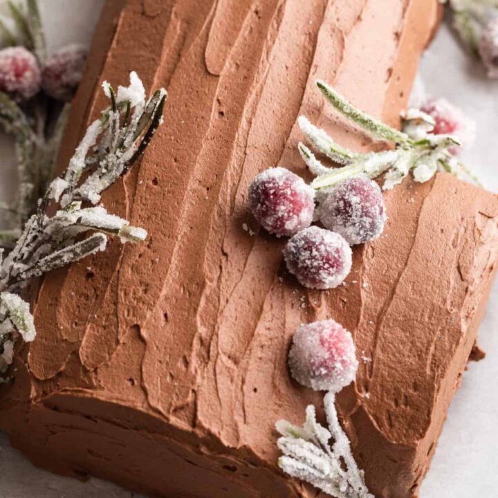 angled view of yule log cake with sugared rosemary and cranberries