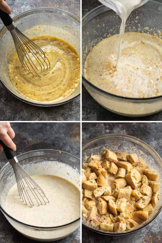 process shots showing how to make bread pudding