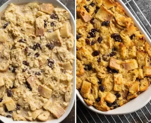 unbaked and baked bread pudding