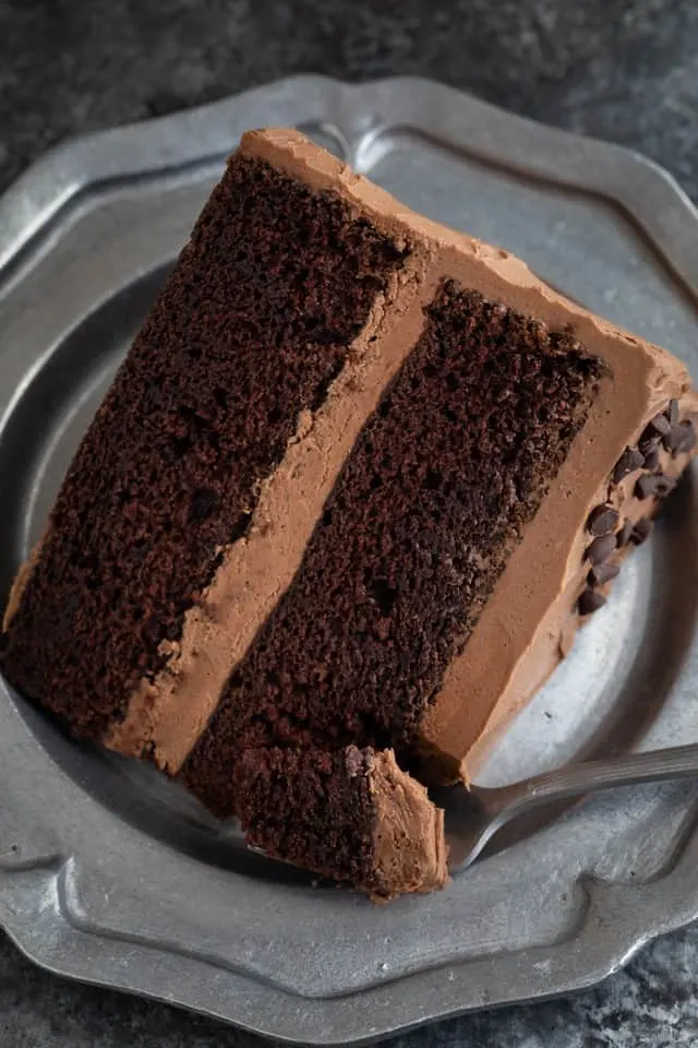 Slice of chocolate cake close up