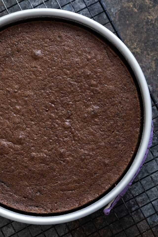 Chocolate cake in a round cake pan