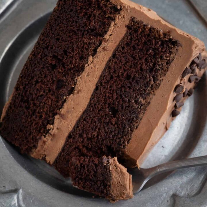 Slice of chocolate cake close up