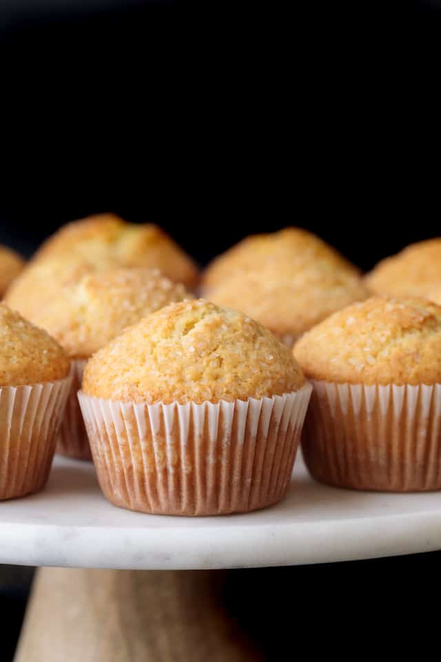 Basic muffins on a marble cake stand