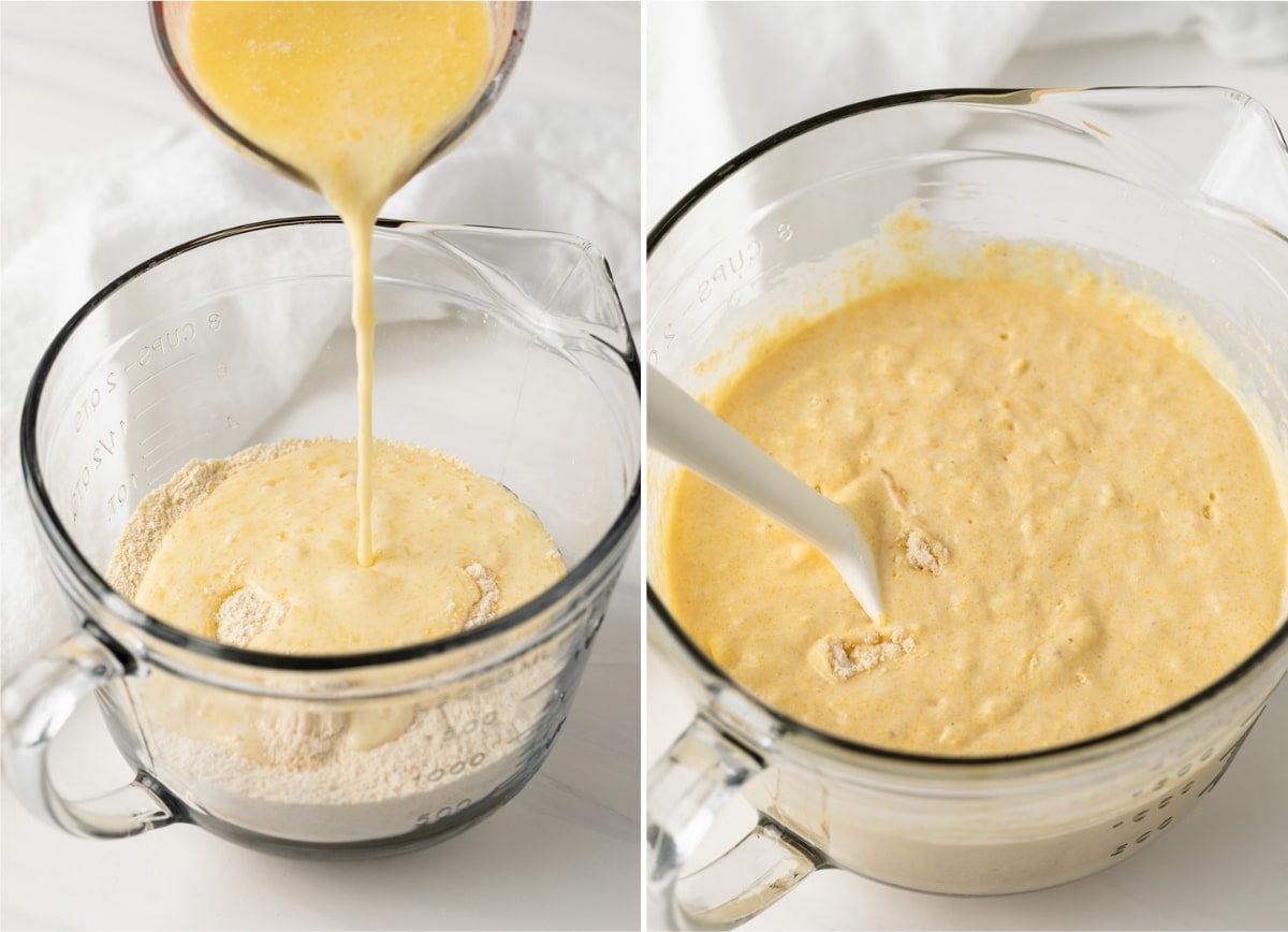 two process shots showing wet ingredients being combined with dry ingredients for Southern cornbread
