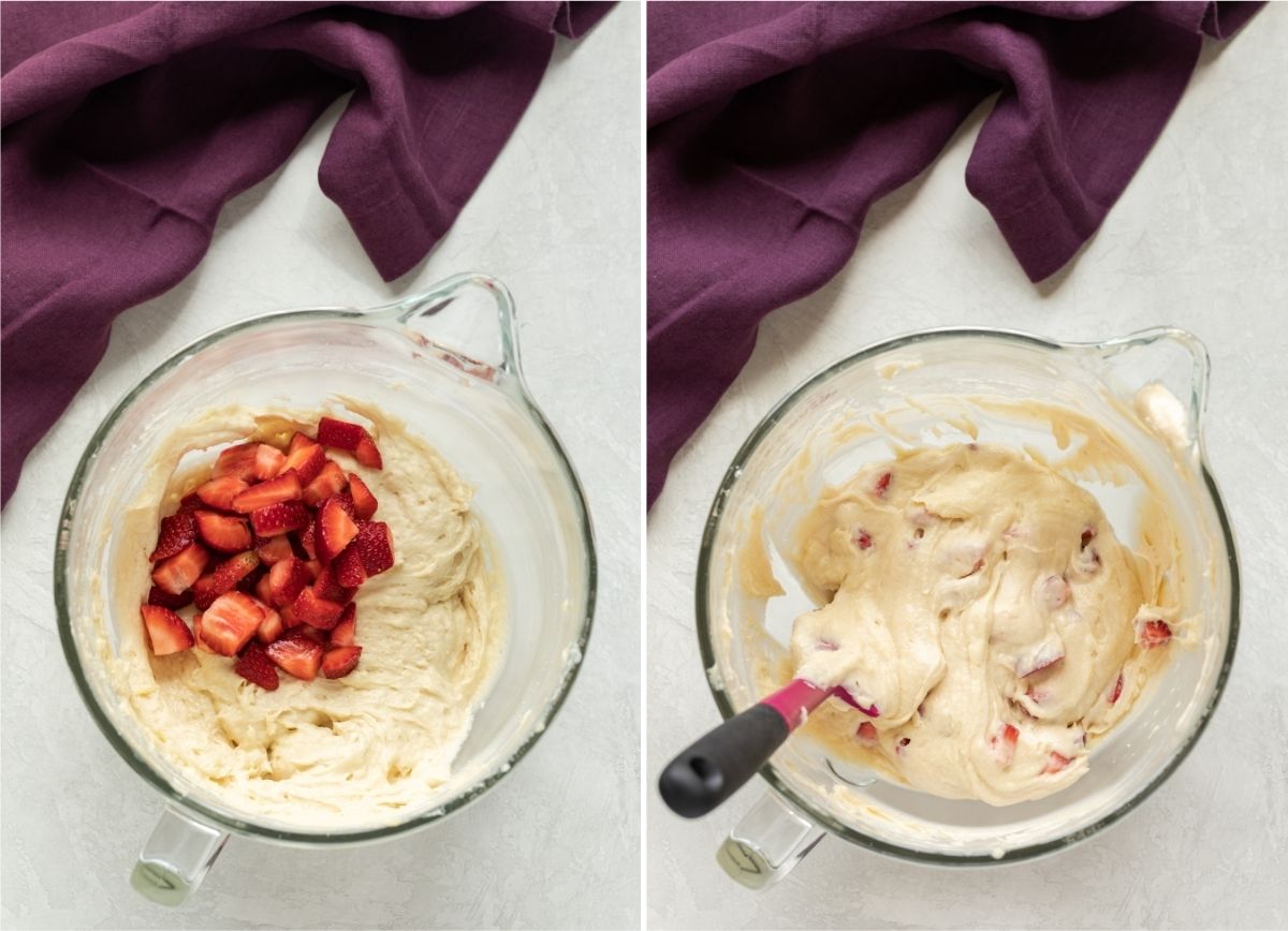 process shots for adding chopped strawberries to cake batter