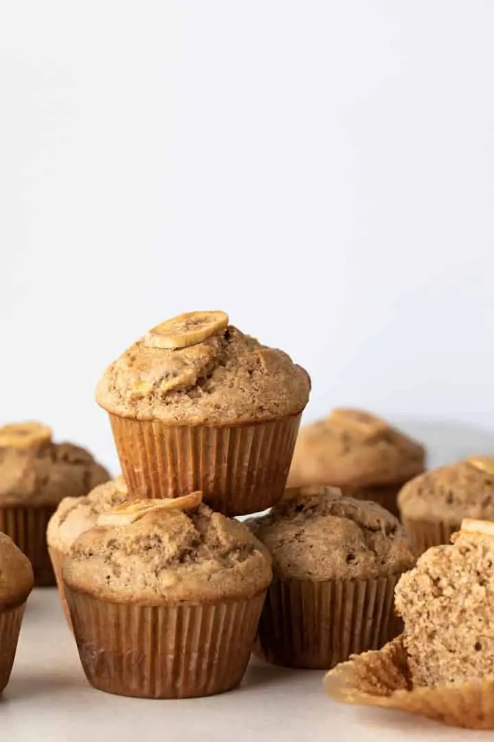 whole wheat banana muffins stacked