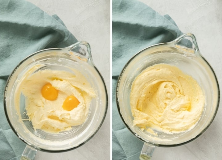 process shots of egg yolks and wet ingredients mixed into batter