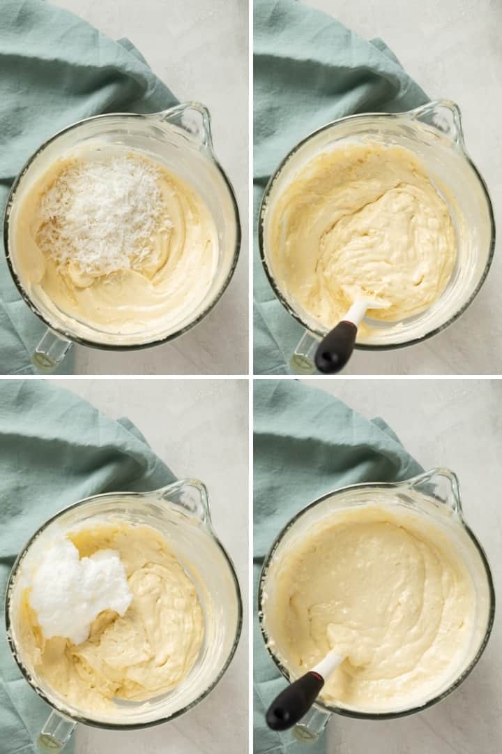 process shots for adding coconut and egg whites to cake batter