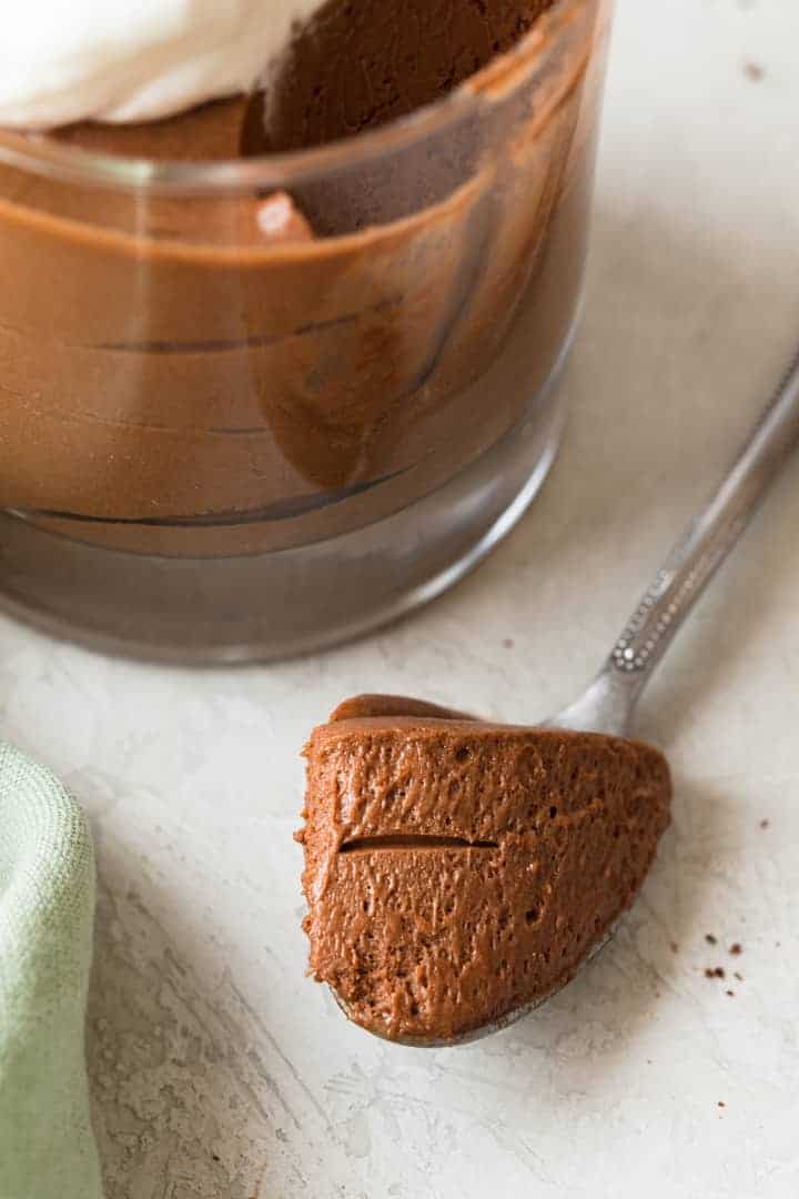 close cup of the best chocolate mousse on a spoon