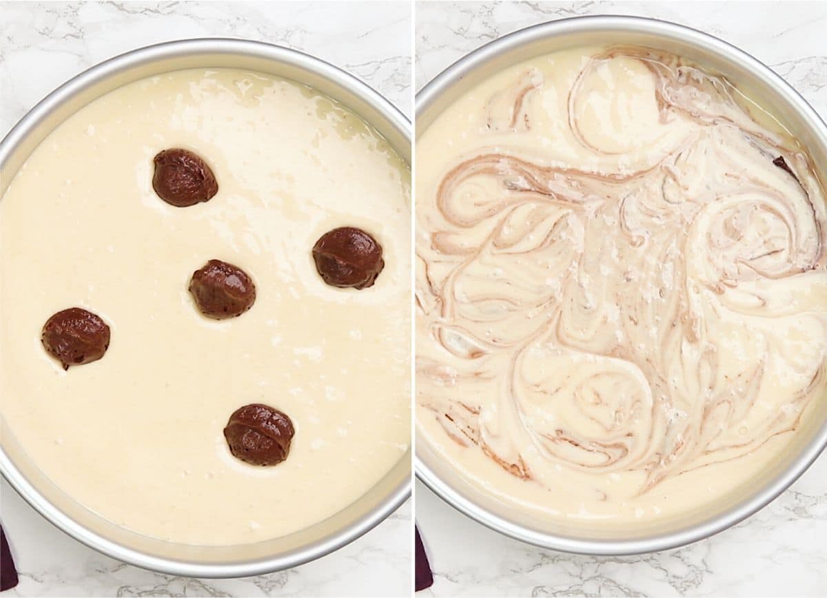 process shots for making swirled marble cake batter