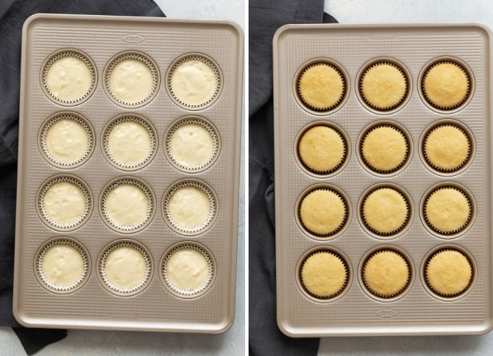 unbaked and baked cupcakes in muffin tins