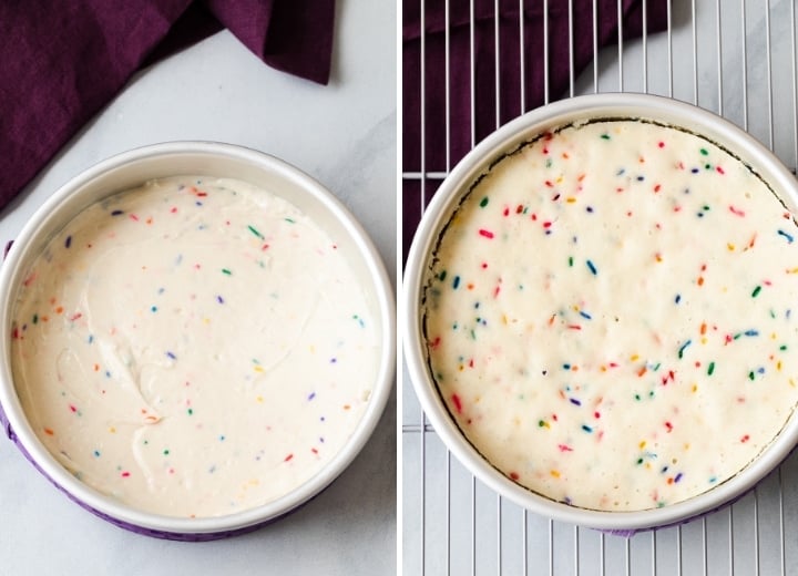 unbaked and baked funfetti cake layers in round pans