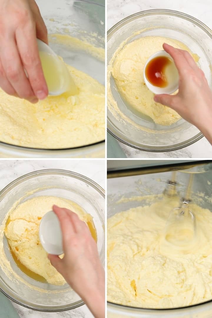 lemon, vanilla, and salt being added to pound cake batter