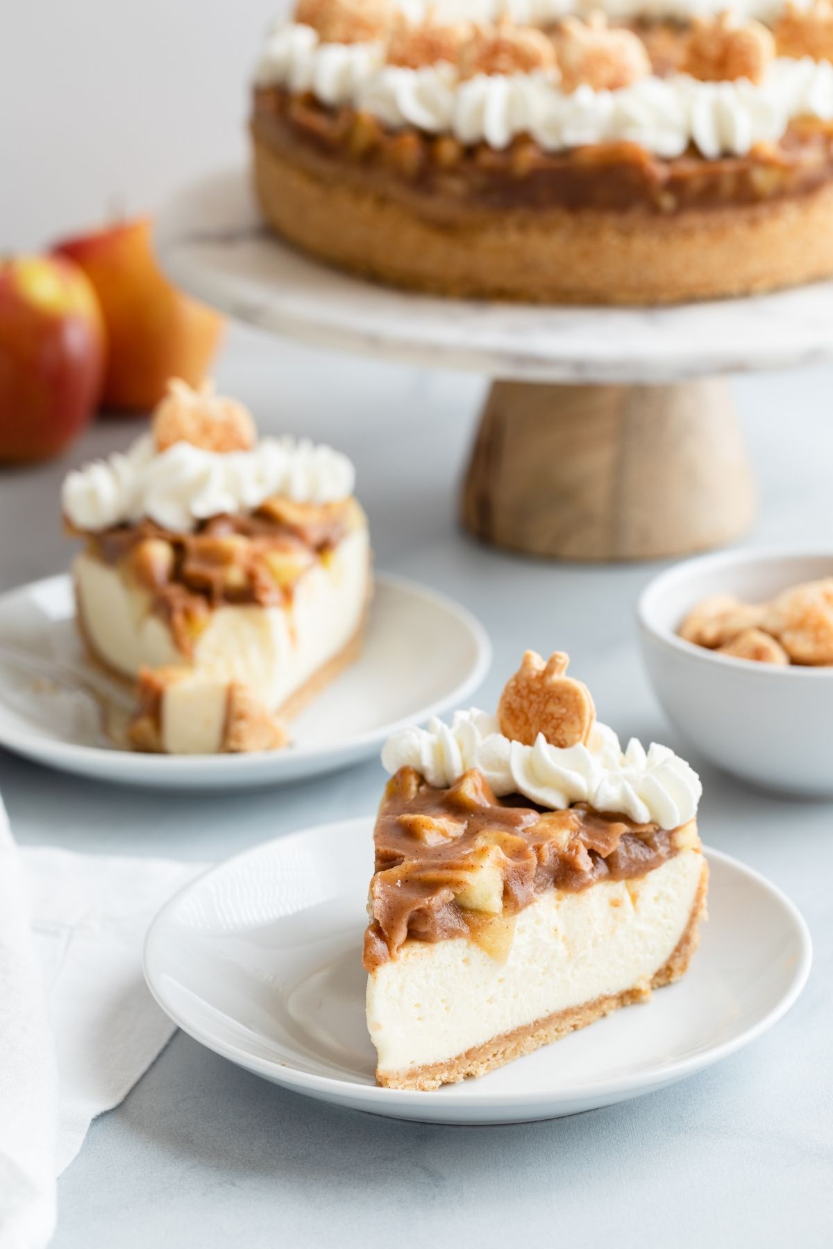 apple pie cheesecake on a white plate