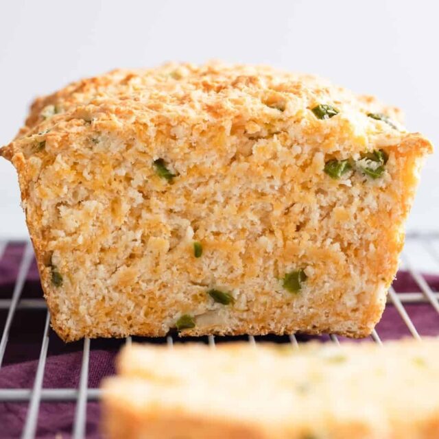 Close up showing cut face of cheddar jalapeno buttermilk bread