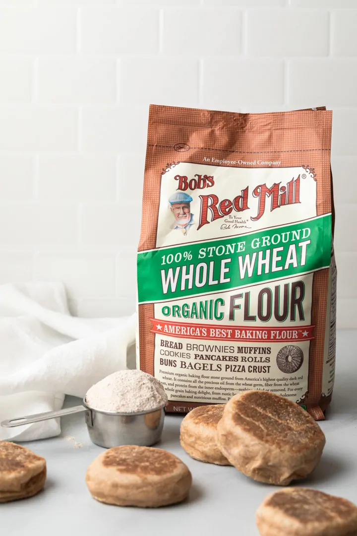 whole wheat English muffins made with Bob's Red Mill organic whole wheat flour