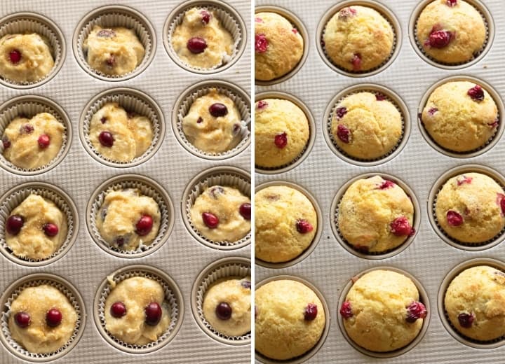 baked and unbaked cranberry orange muffins in a muffin tin