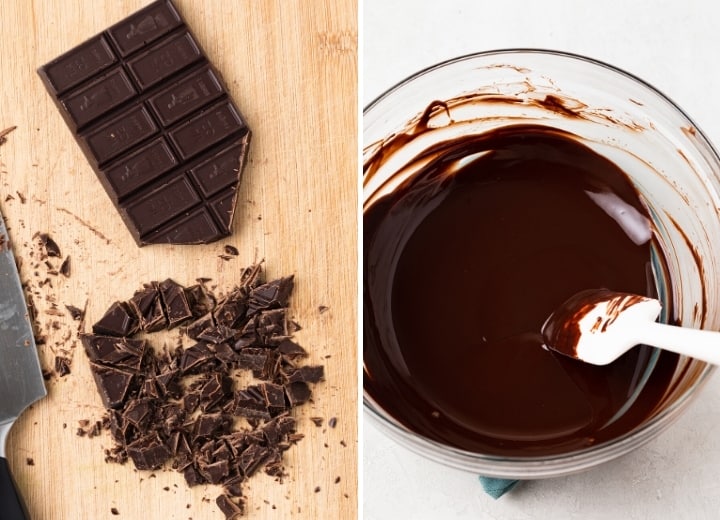 chopped chocolate on a cutting board and a bowl of melted chocolate