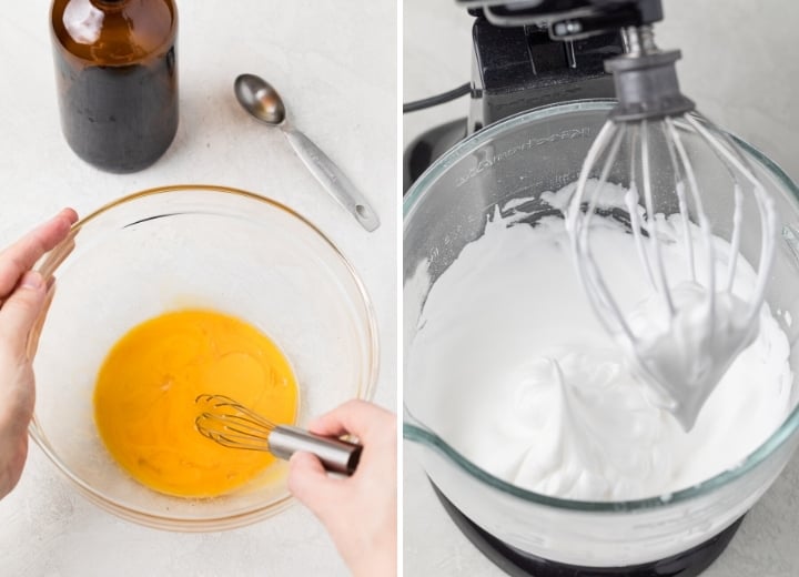 a bowl of whisk egg yolks and a bowl of whipped egg whites
