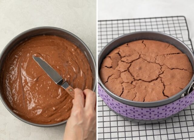 an unbaked and a baked flourless chocolate cake to show before and after