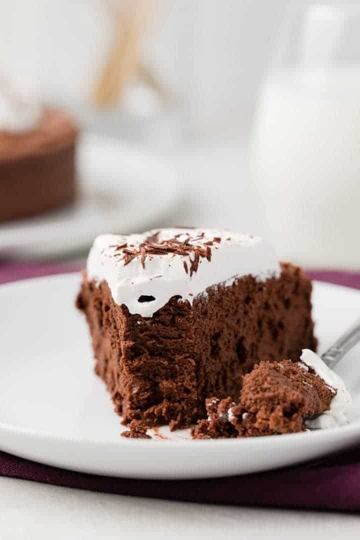 close up of Gluten-free chocolate cake with fork taking a bite out