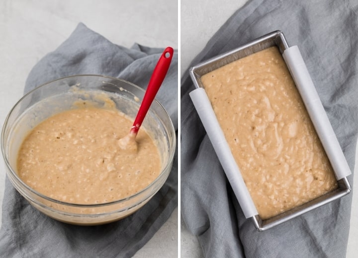 banana bread batter in a bowl and in a loaf pan