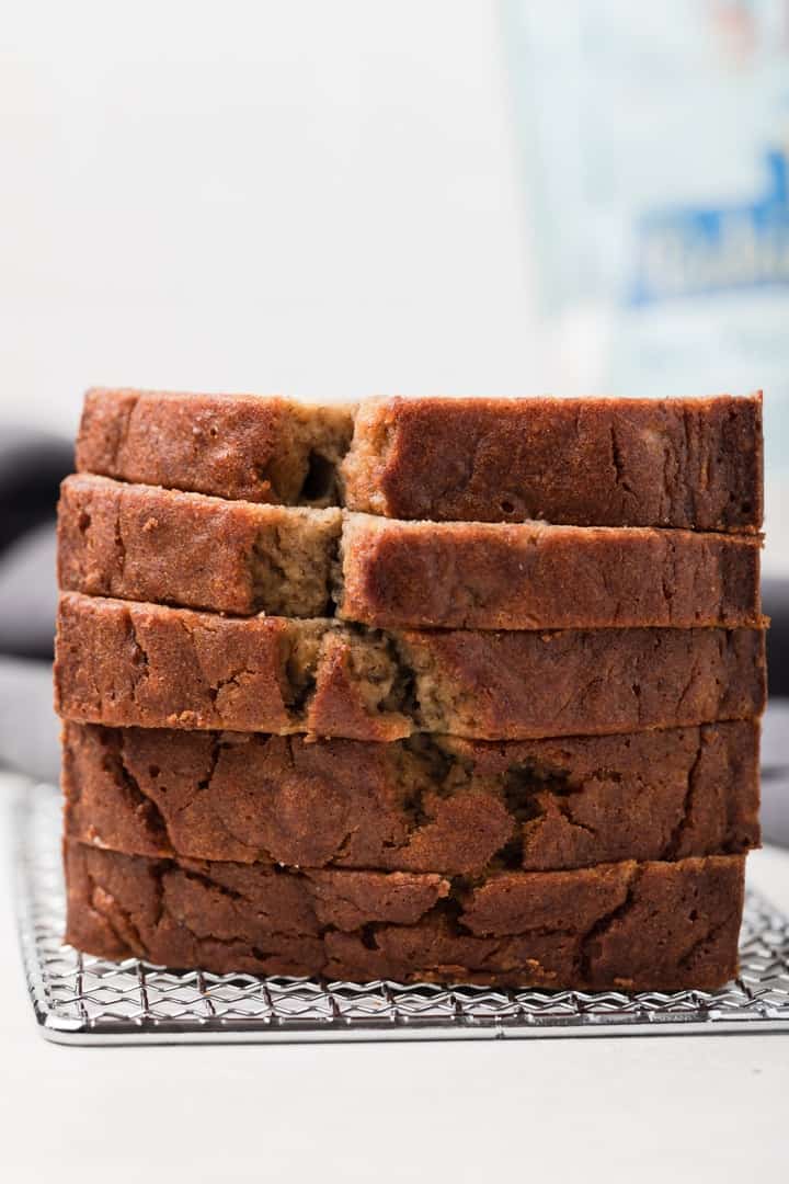 a stack of gluten free banana bread slices