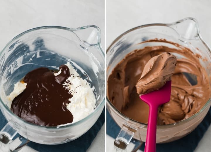 process shots for adding chocolate to swiss meringue buttercream