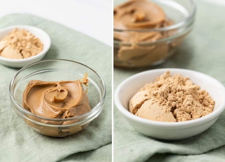 bowl of creamy peanut butter and bowl of peanut butter powder
