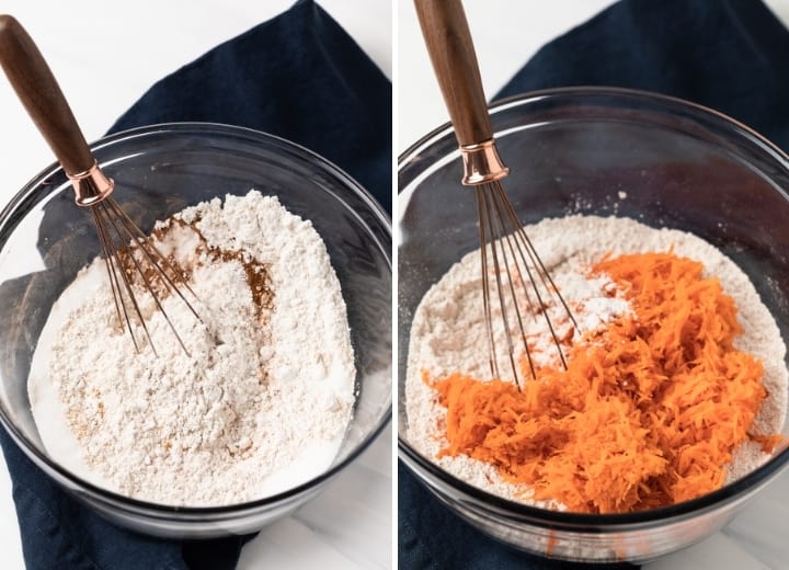 Dry ingredients combined with grated carrots.