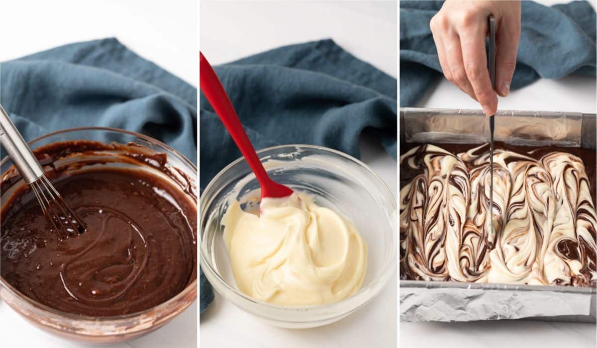 Step by step photo of swirling brownie batter with cream cheese.