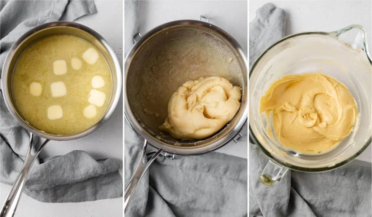 Process shots for how to make choux pastry.