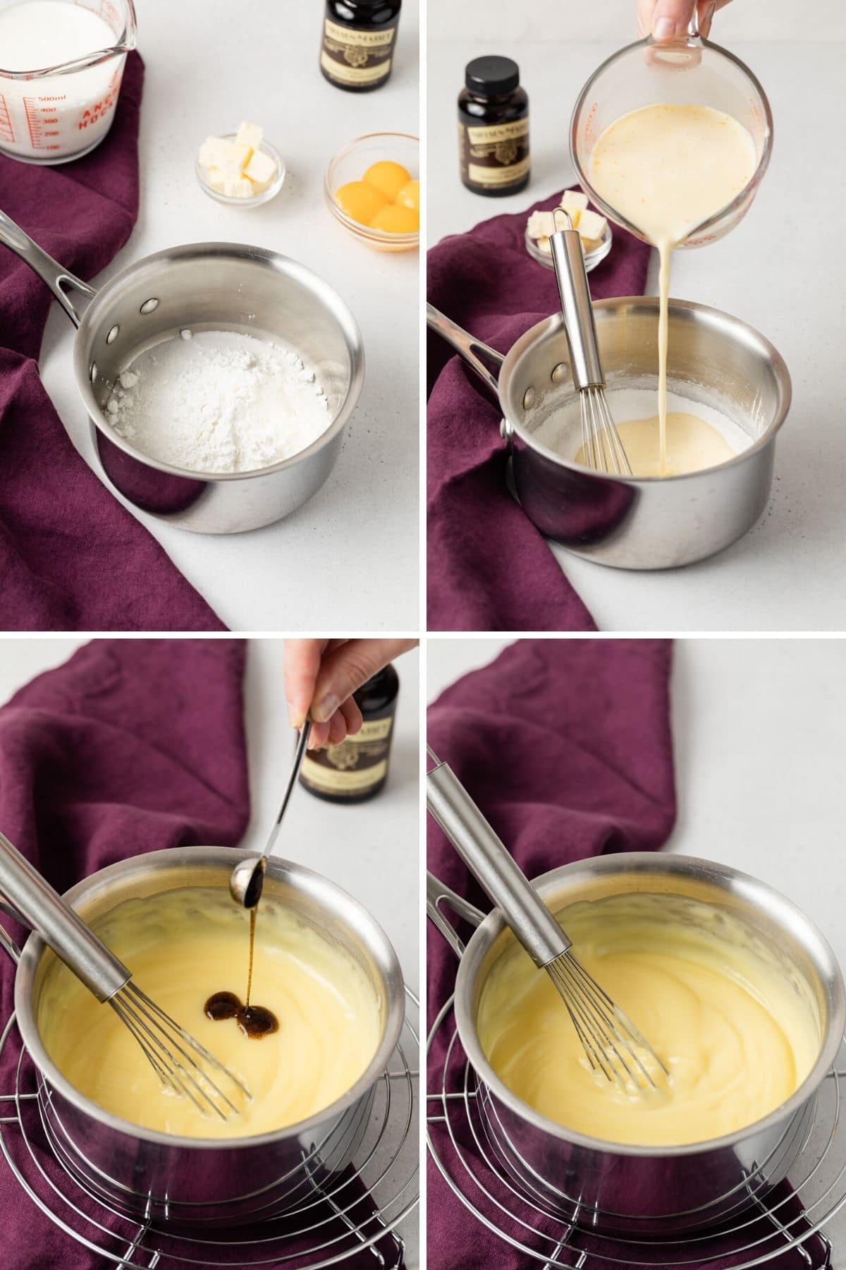 Process shots showing how to make creme patissiere.