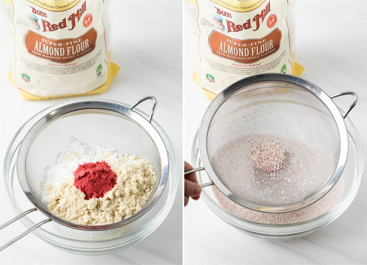 sifted almond flour, powdered sugar, and strawberry powder