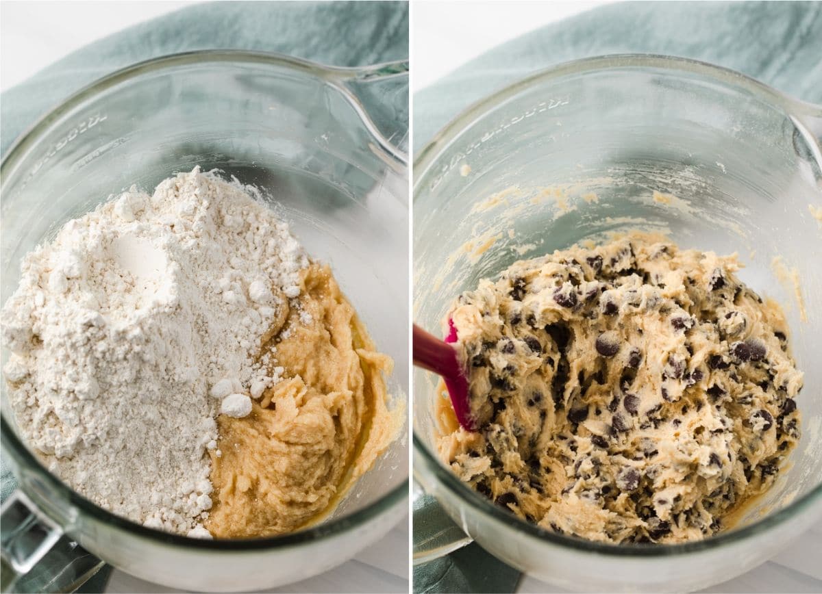 process shots showing chocolate chip cookie dough mixed in glass bowl