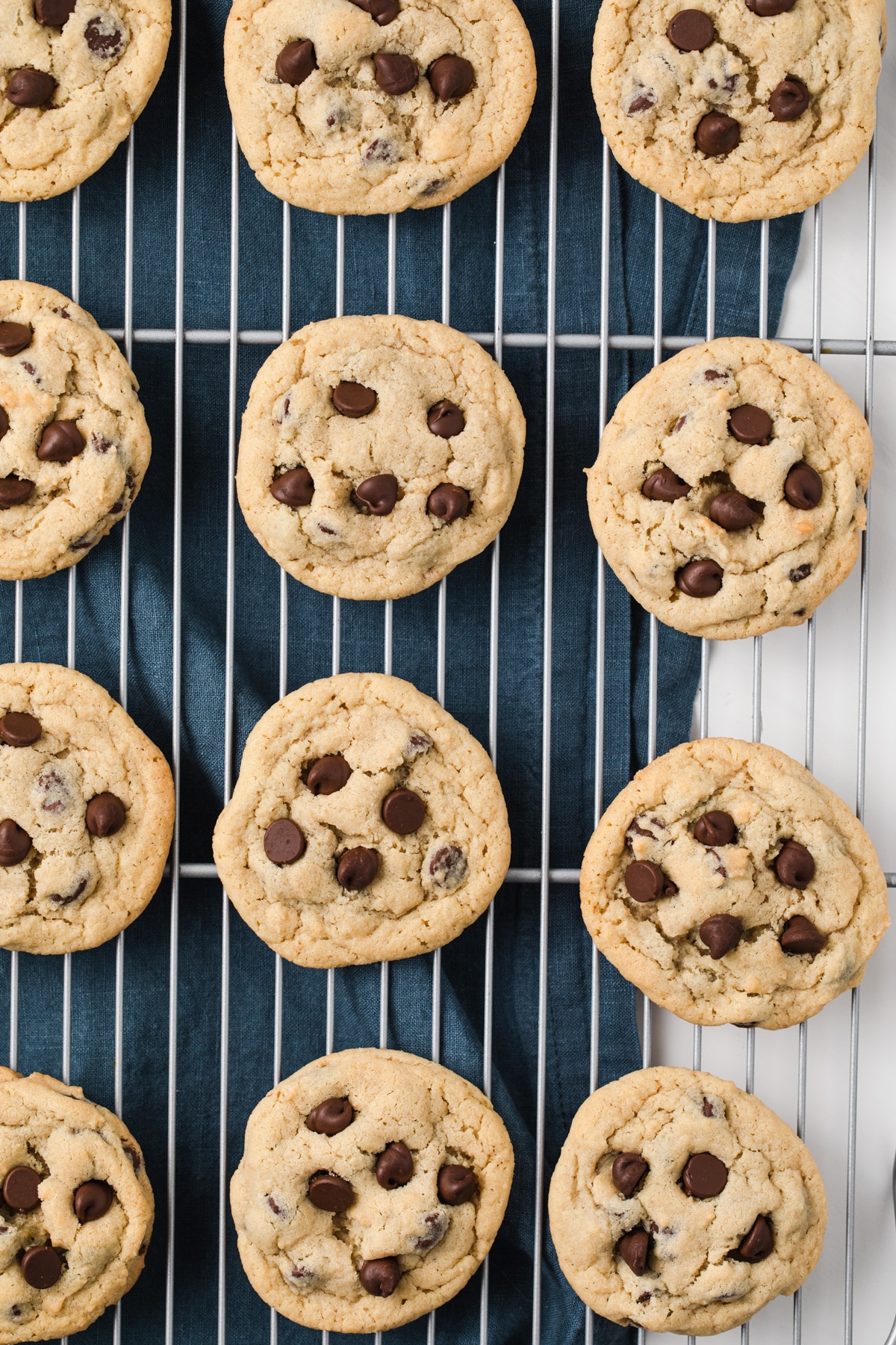 overhead of chocolate chip cookies on wire rack