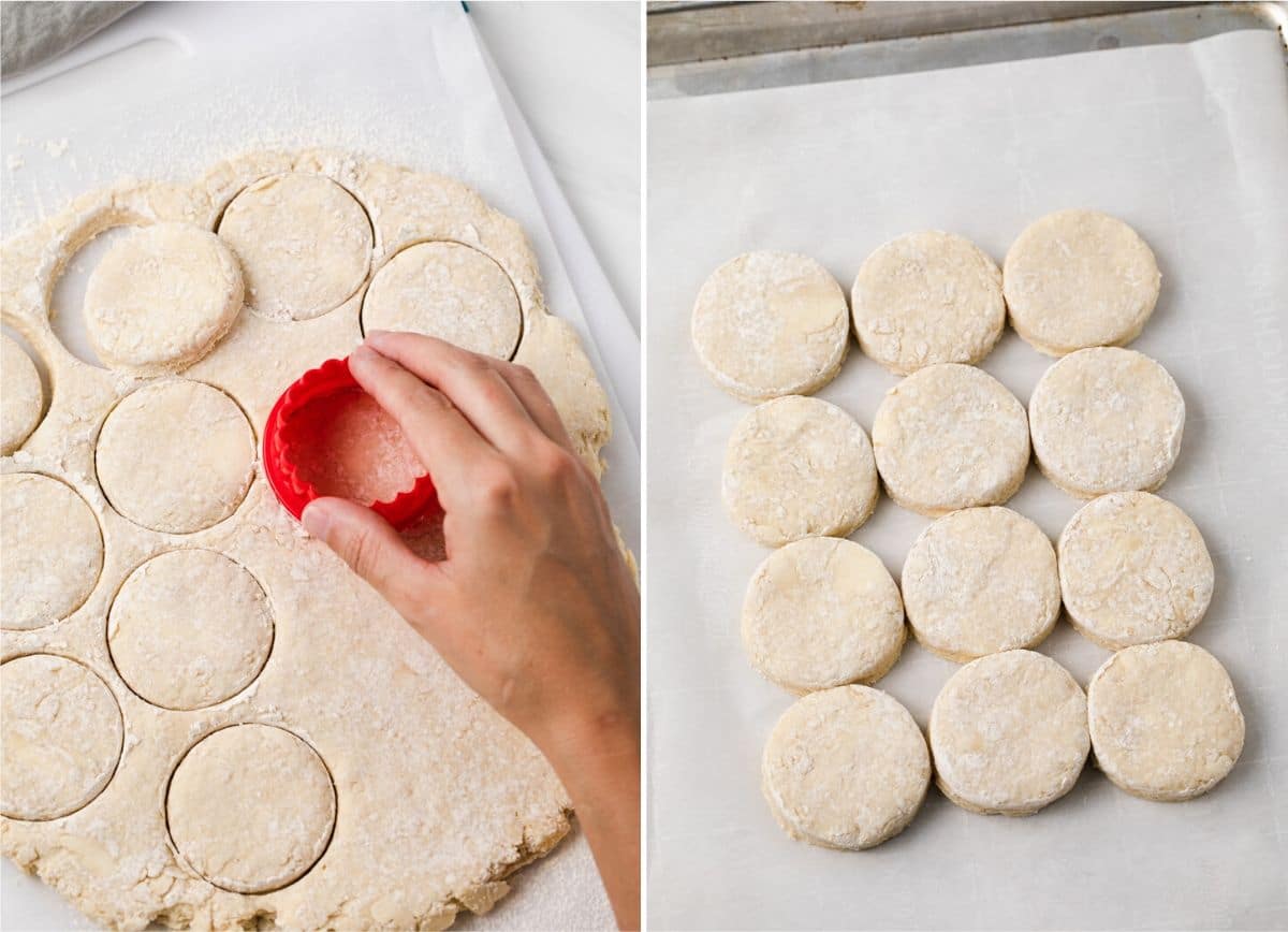hand cutting biscuits with red cutter and biscuits on baking sheet
