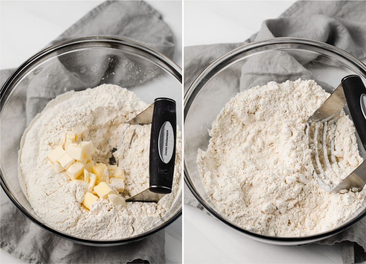 process shots showing butter cut into flour mixture