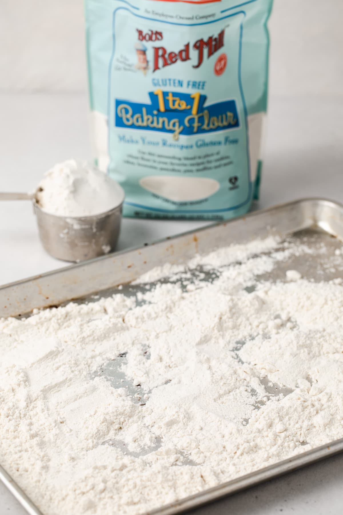 Bob's Red Mill Gluten-Free 1-to-1 Baking Flour spread on baking sheet