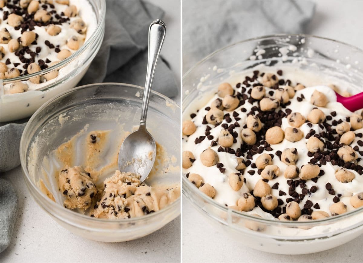 process shots showing cookie dough added to ice cream
