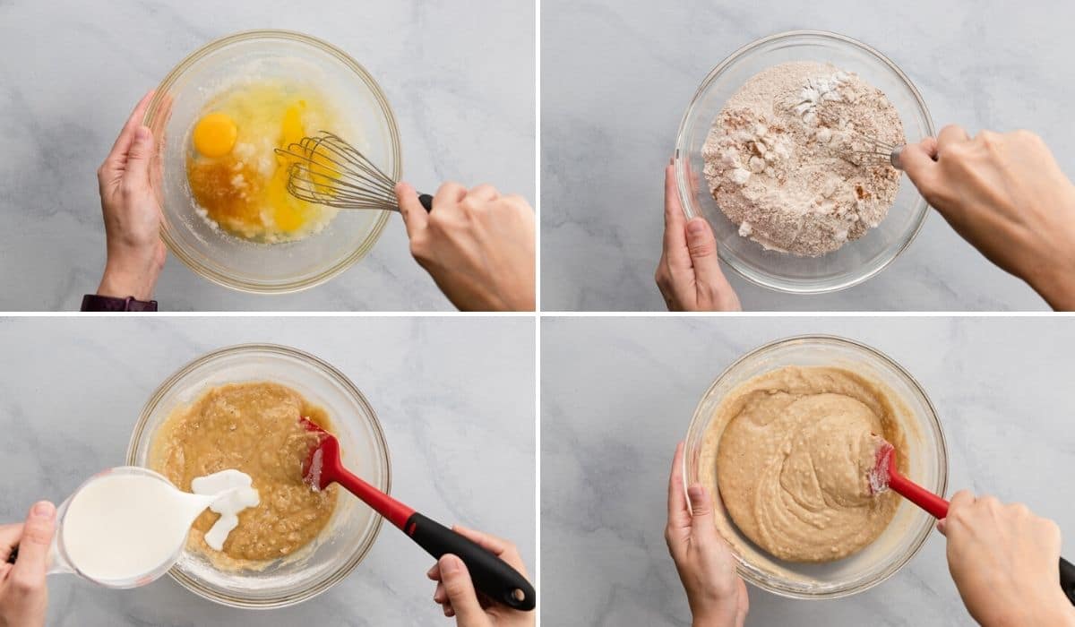 process shots showing how to mix batter for baked donuts